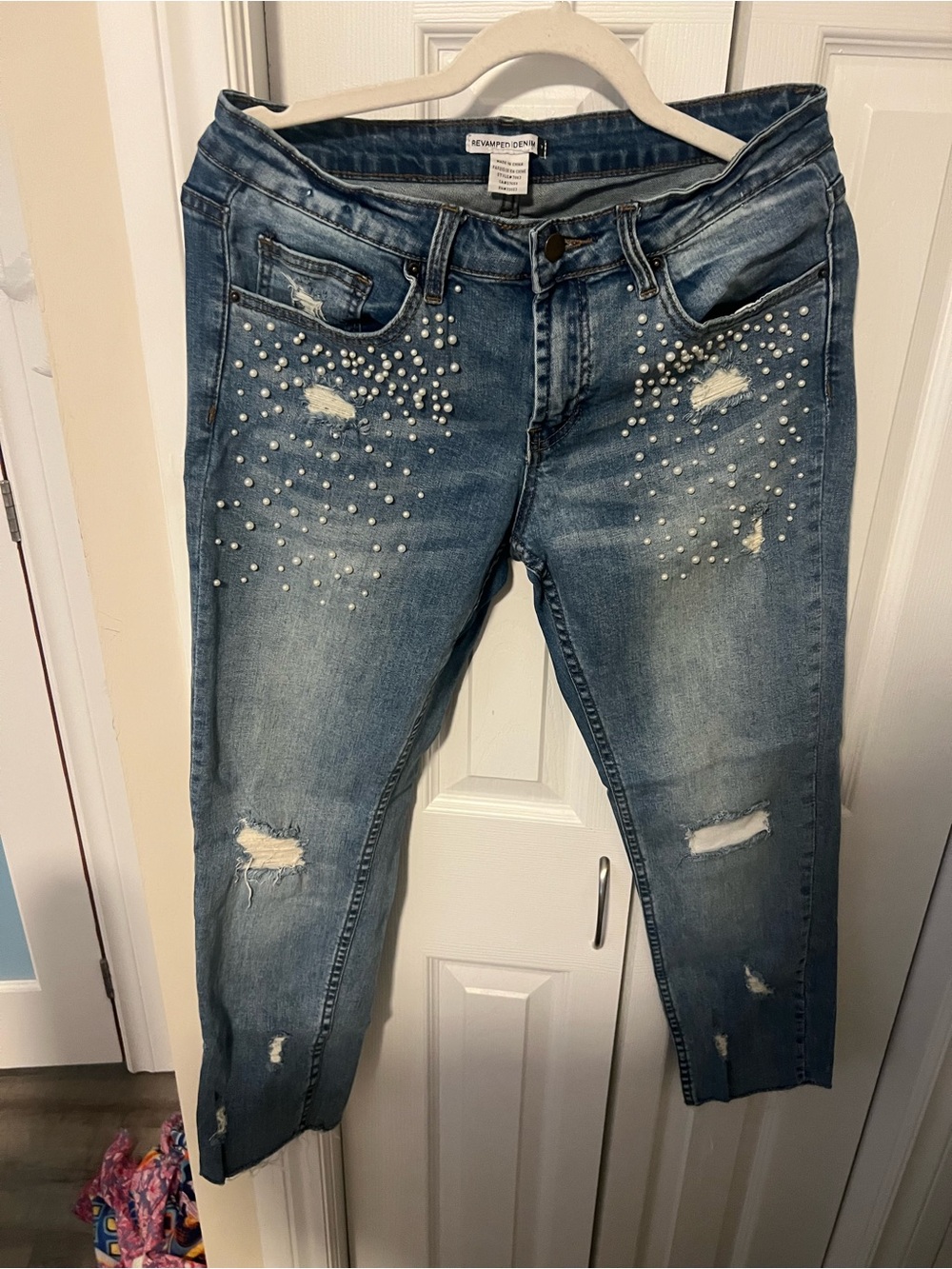 Distressed Pearl-Embellished Blue Women’s Jeans